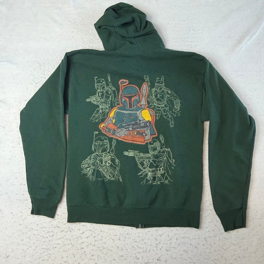 Disney Parks Boba Fett Hoodie Mens M Green Star Wars Zip Up Graphic Fleece
